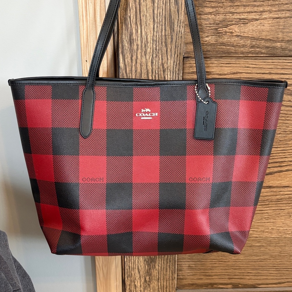 Coach Red and Black Buffalo Plaid Tote with Black Leather Trim